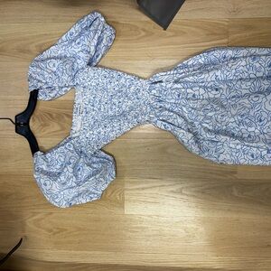 Blue and White Floral Dress with Puff Sleeves